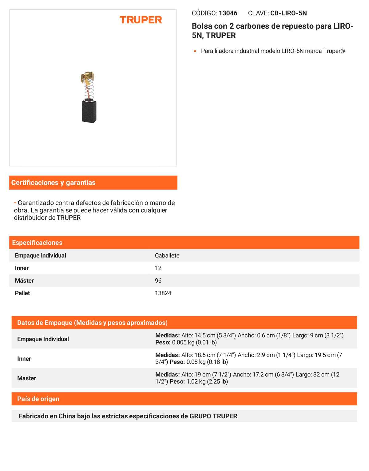 Ficha tecnica - 2 carbones para LIRO-5N - SKU 13046