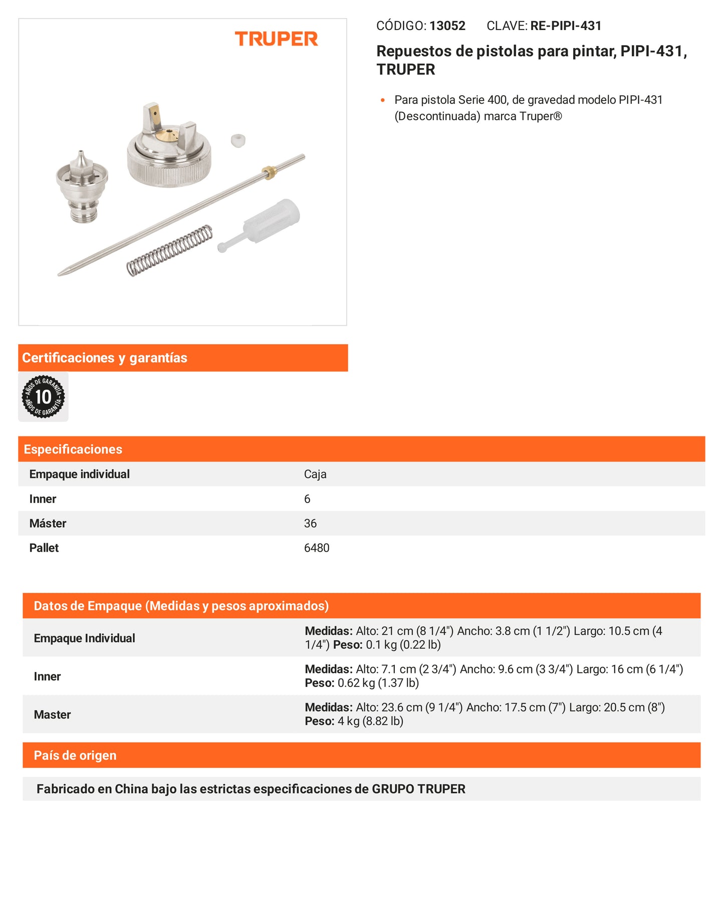 Ficha tecnica - Repuestos de pistolas para pintar PIPI-431 - SKU 13052