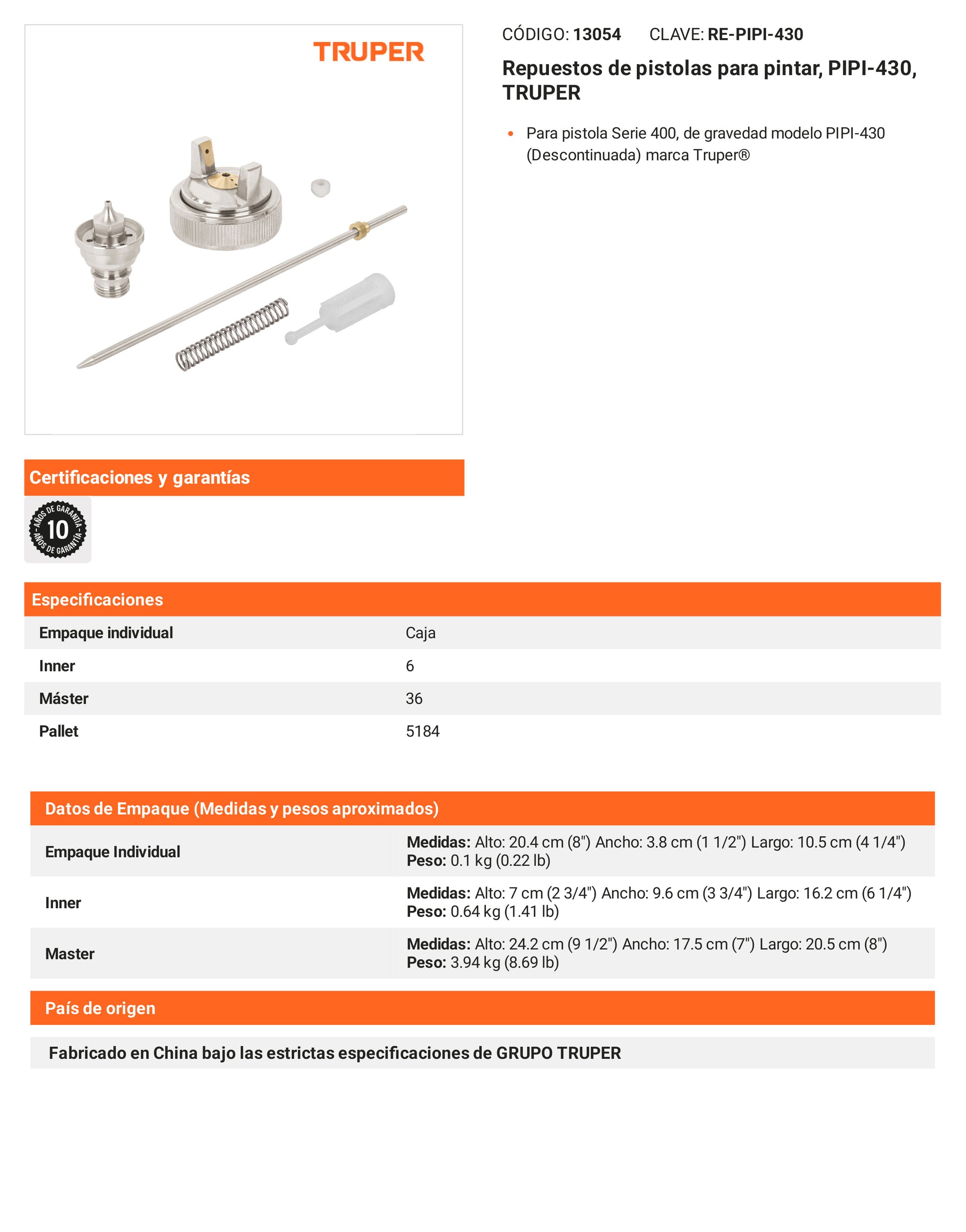 Ficha tecnica - Repuestos de pistolas para pintar PIPI-430 - SKU 13054