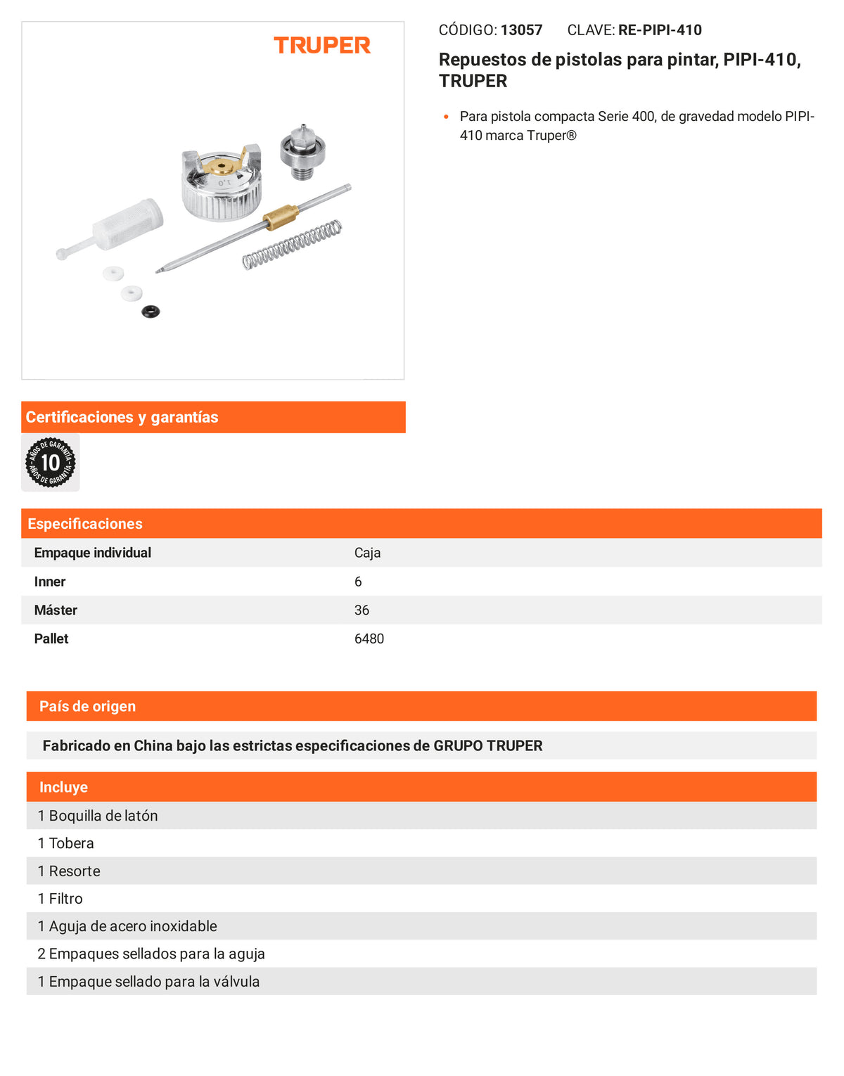 Ficha tecnica - Repuestos de pistolas para pintar PIPI-410 - SKU 13057