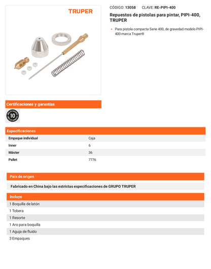 Ficha tecnica - Repuestos de pistolas para pintar PIPI-400 - SKU 13058