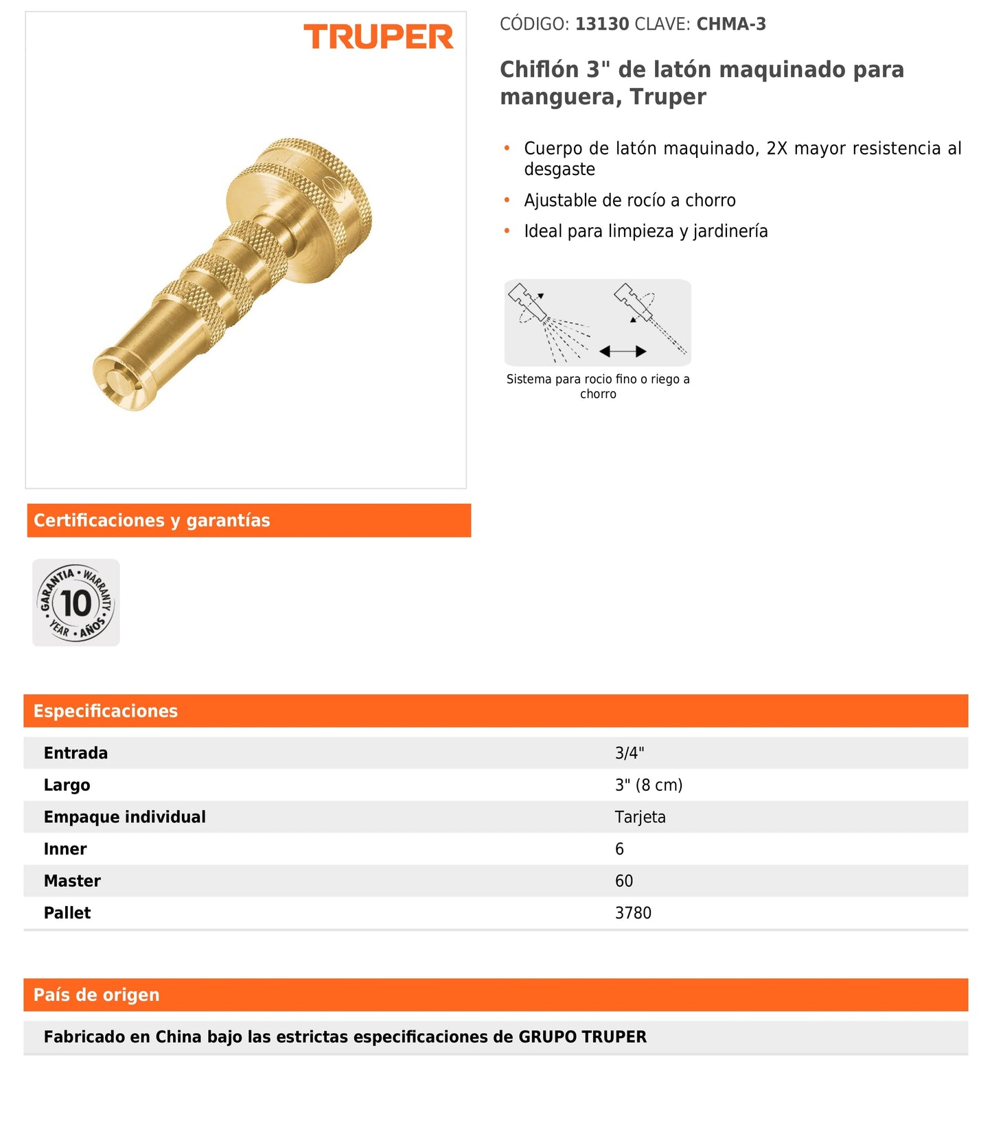 Chiflón de latón maquinado de 3" para manguera
