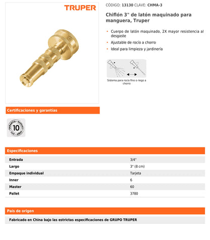 Chiflón de latón maquinado de 3" para manguera