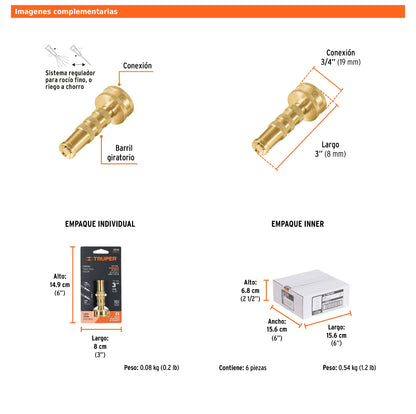 Chiflón de latón maquinado de 3" para manguera