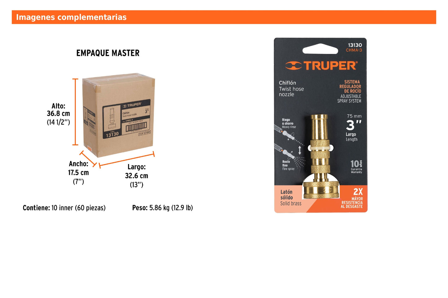 Chiflón de latón maquinado de 3" para manguera