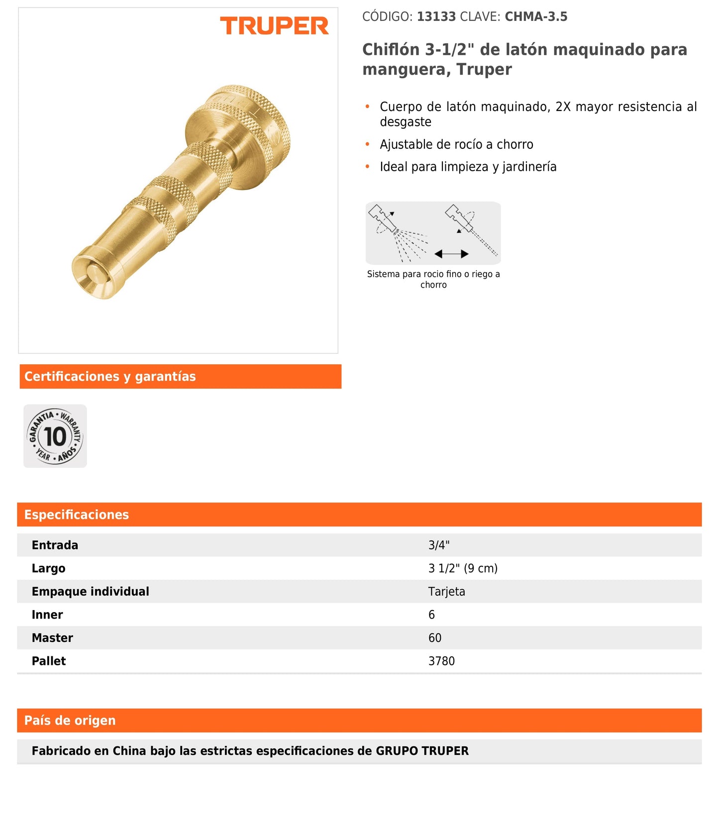 Chiflón de latón maquinado de 3 1/2" para manguera
