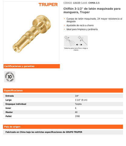 Chiflón de latón maquinado de 3 1/2" para manguera