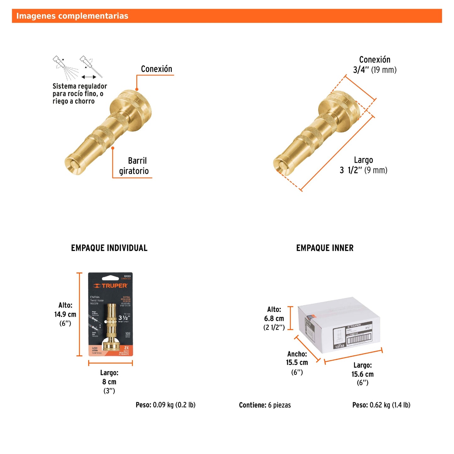 Chiflón de latón maquinado de 3 1/2" para manguera