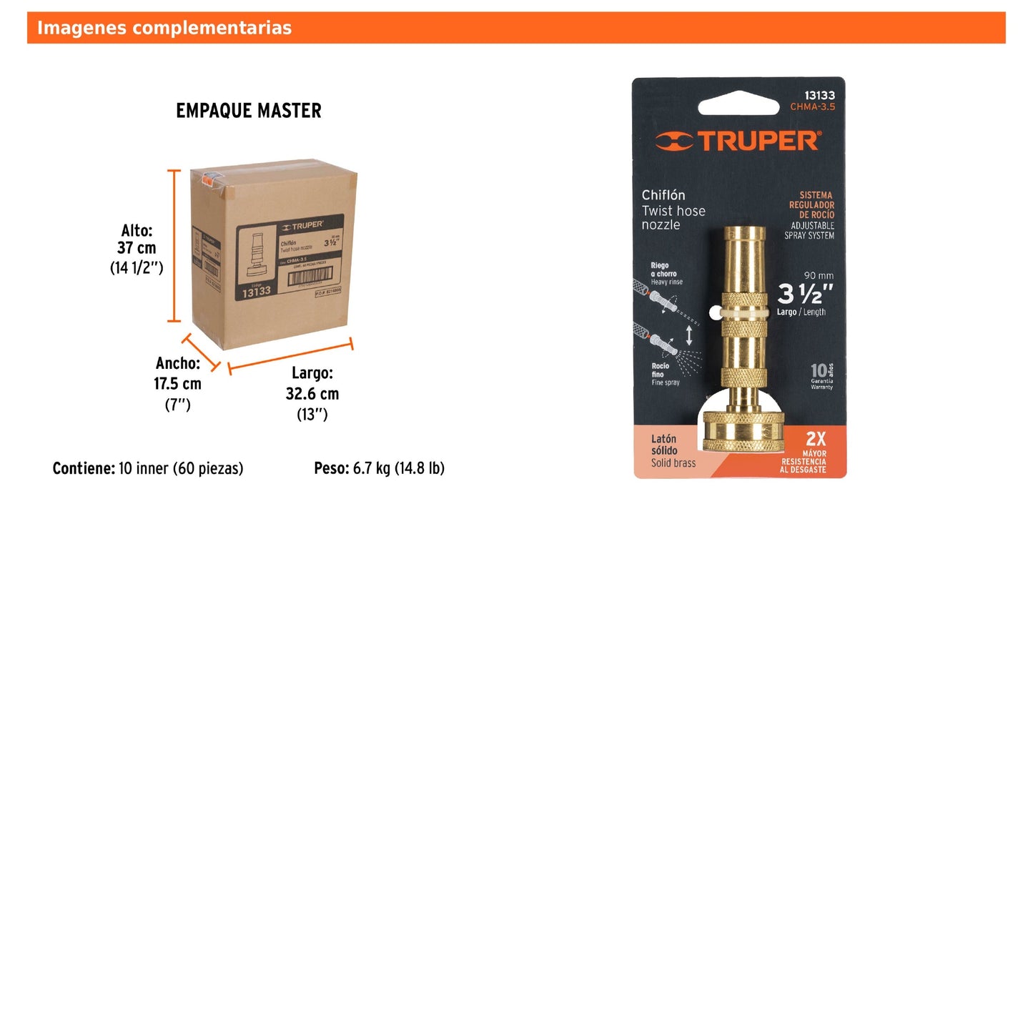 Chiflón de latón maquinado de 3 1/2" para manguera