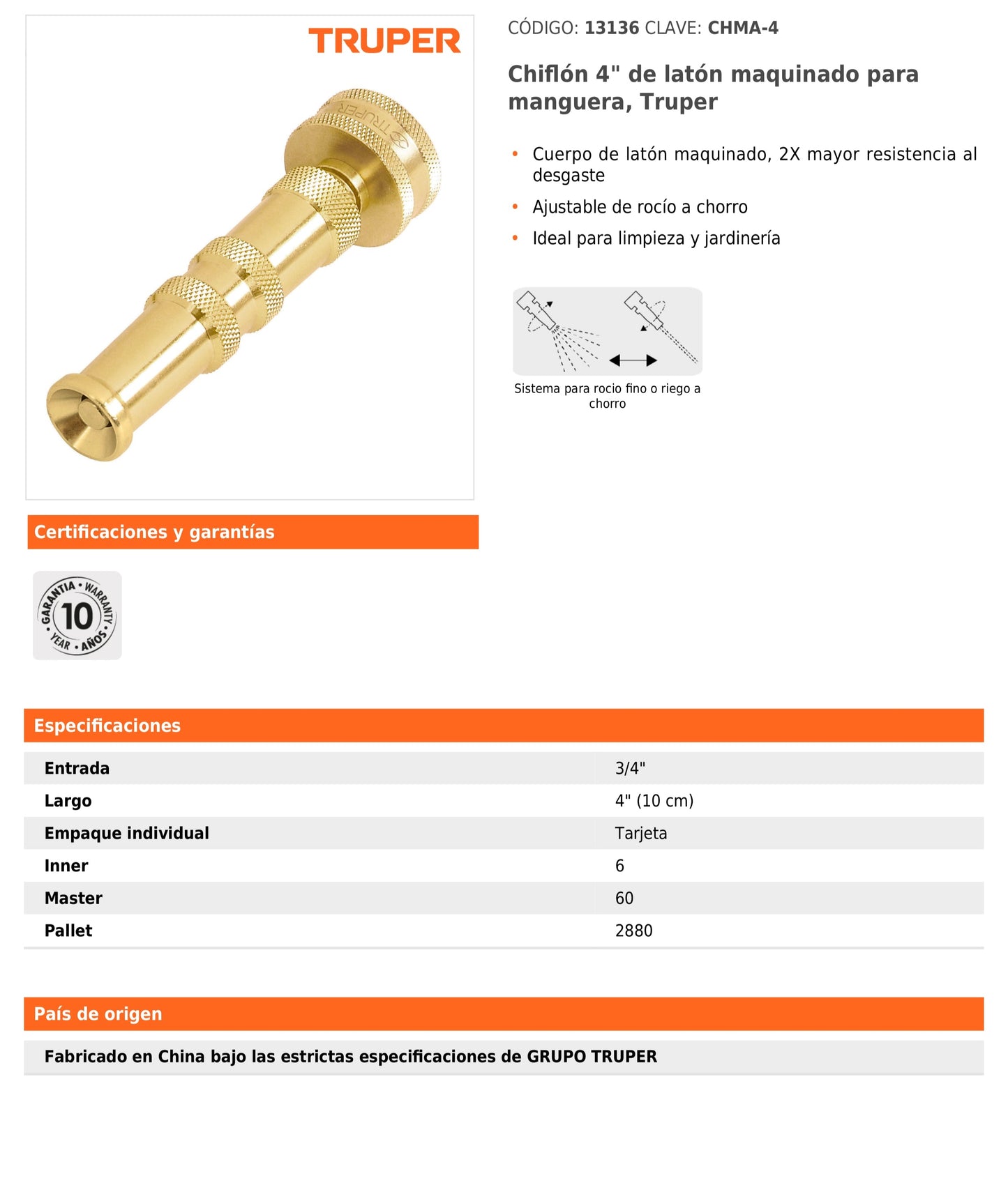 Chiflón de latón maquinado de 4" para manguera