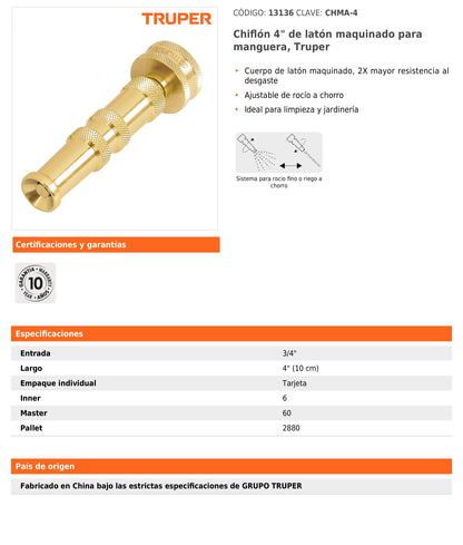 Chiflón de latón maquinado de 4" para manguera