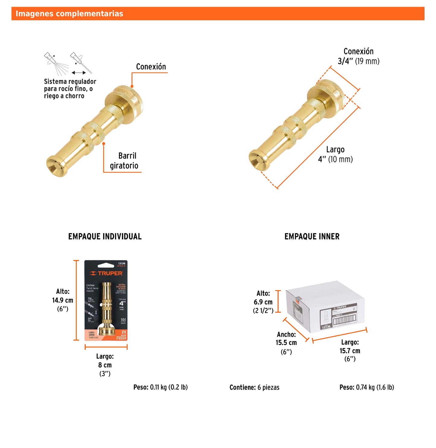 Chiflón de latón maquinado de 4" para manguera