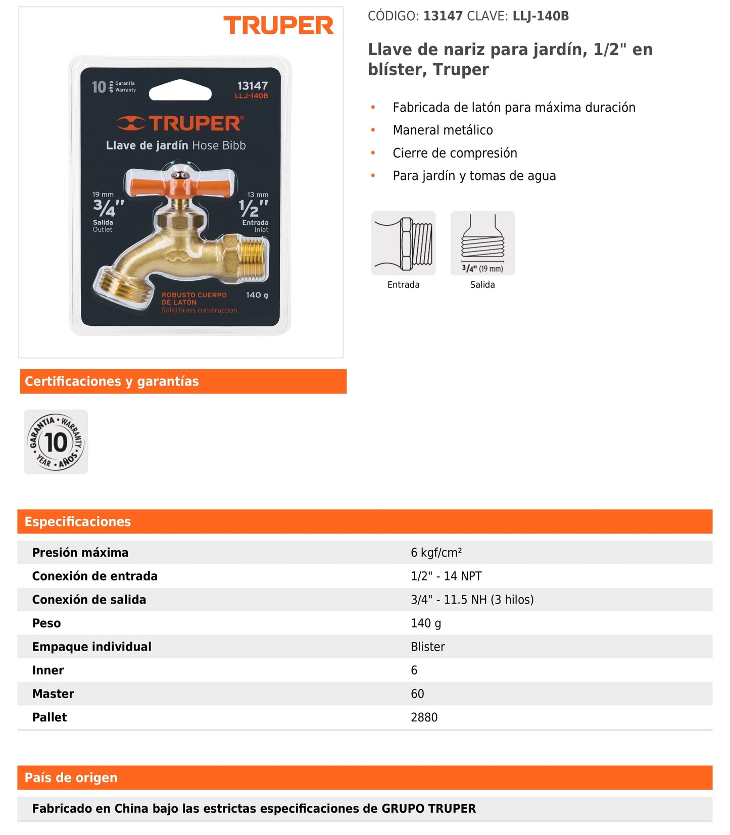 Llave de Nariz para Jardín  1/2" en Blíster