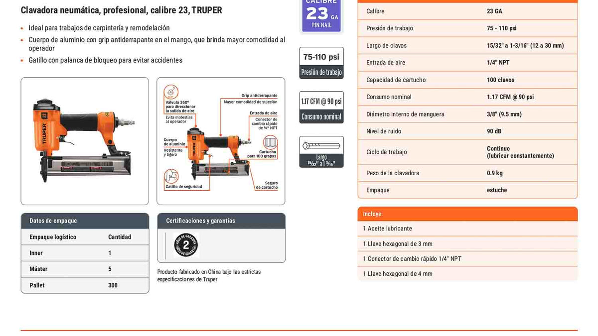 Clavadora neumática profesional calibre 23