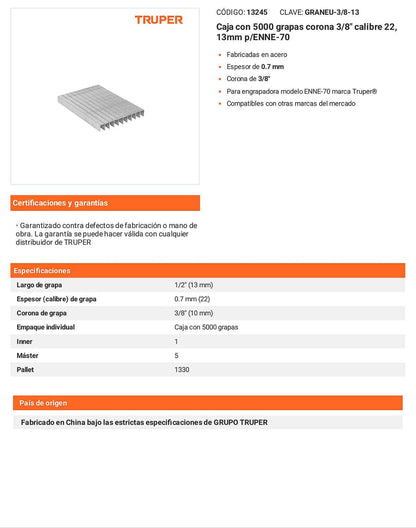 Caja 5000 grapas 3/8 pulg 13 mm