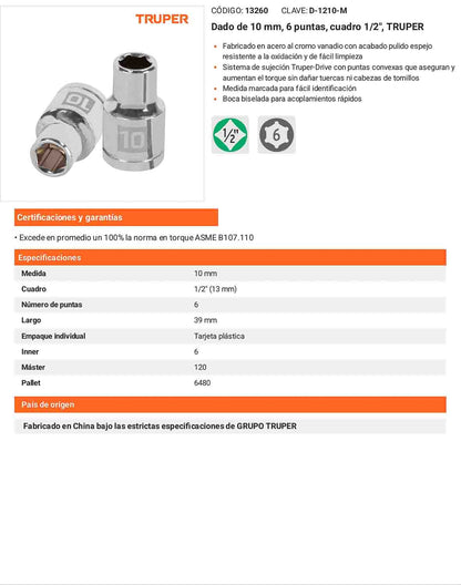 Dado 10 mm cuadro 1/2 pulg