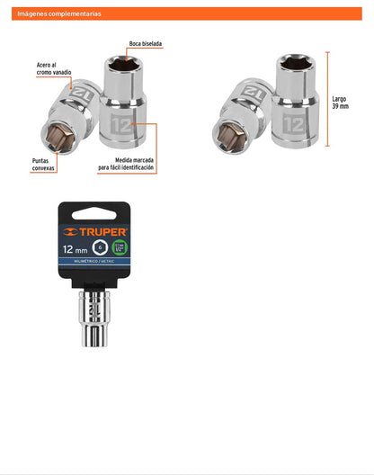 Dado 12 mm cuadro 1/2 pulg