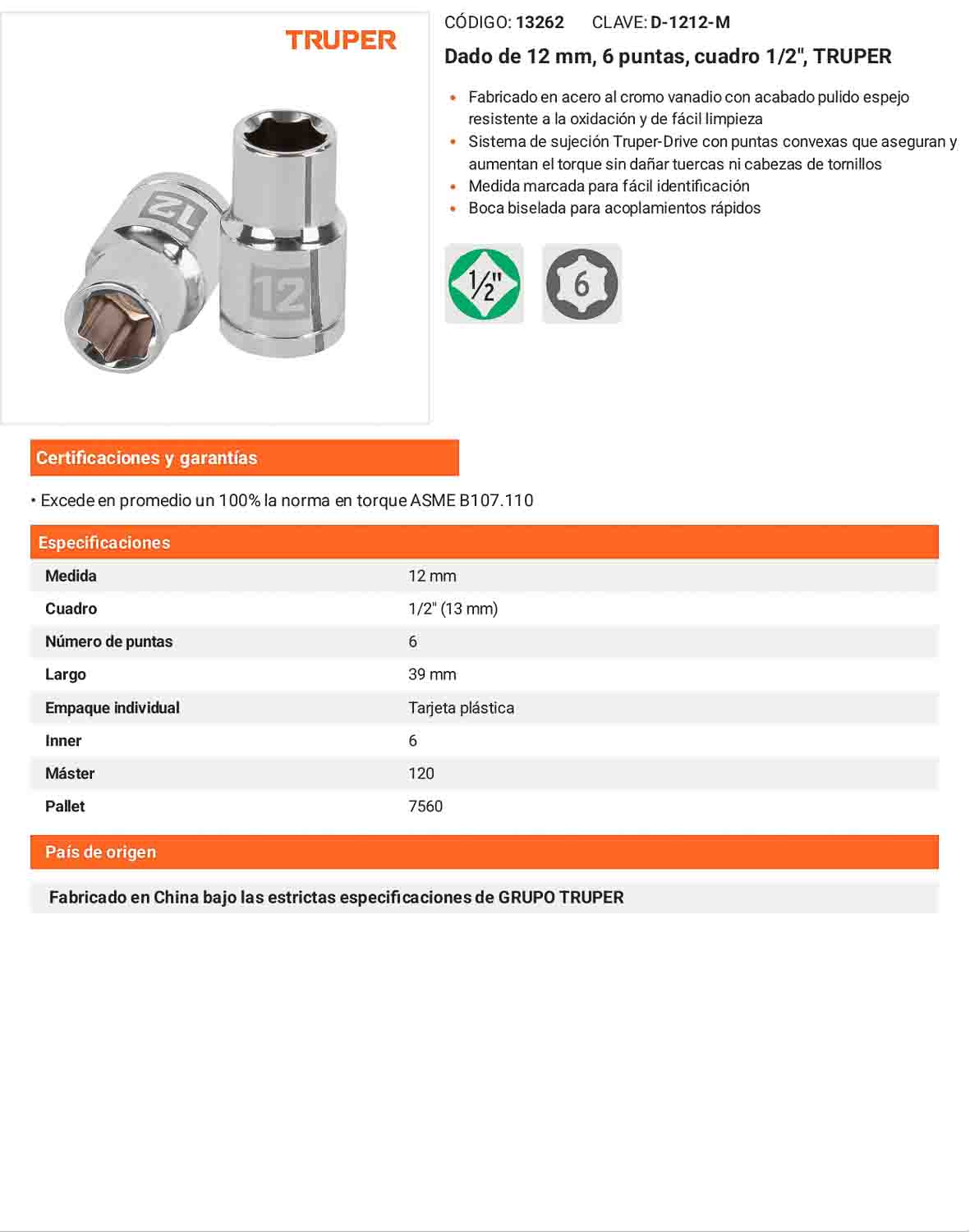 Dado 12 mm cuadro 1/2 pulg