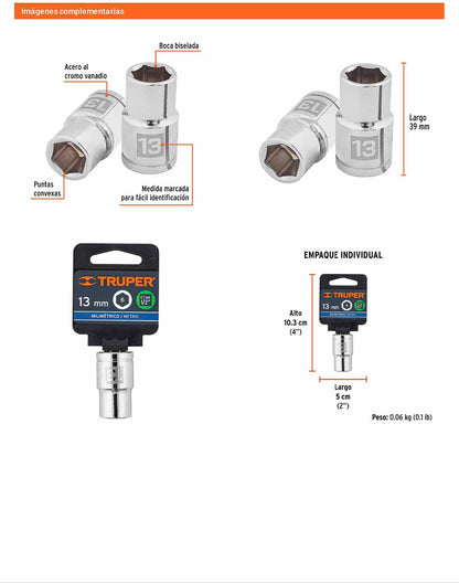 Dado 13 mm 6p cuadro 1/2pulg