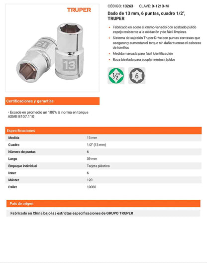 Dado 13 mm 6p cuadro 1/2pulg