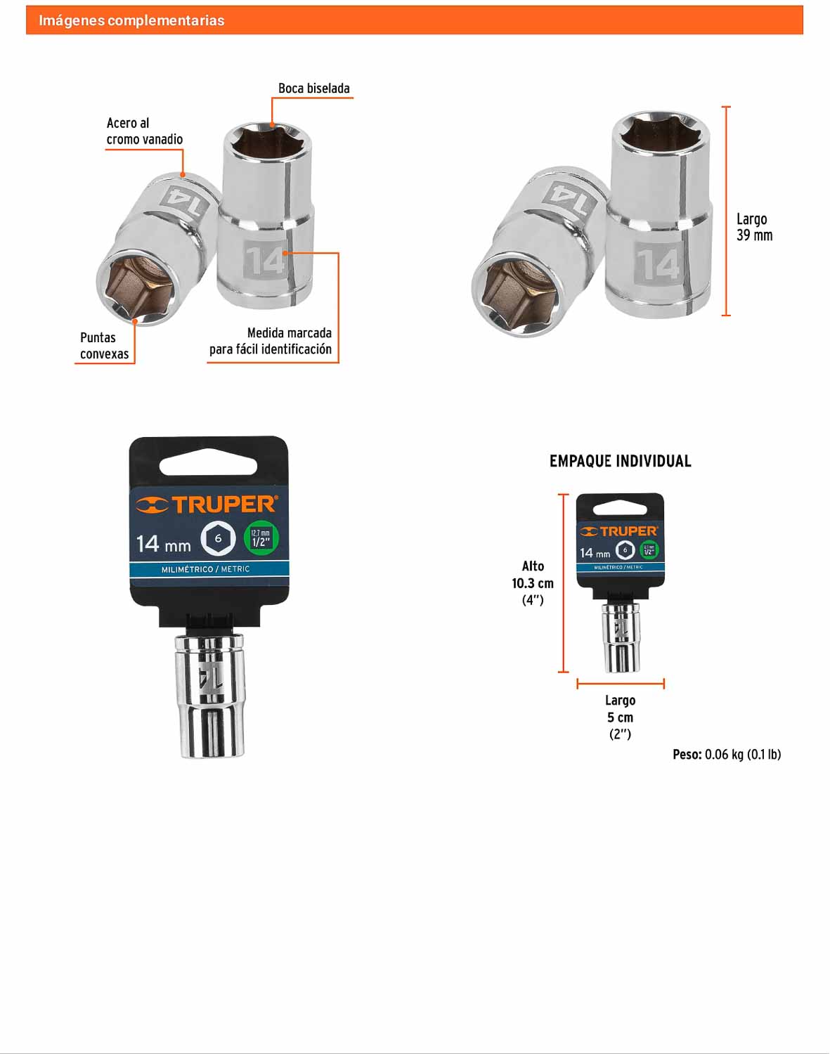 Dado 14 mm 6p cuadro 1/2pulg