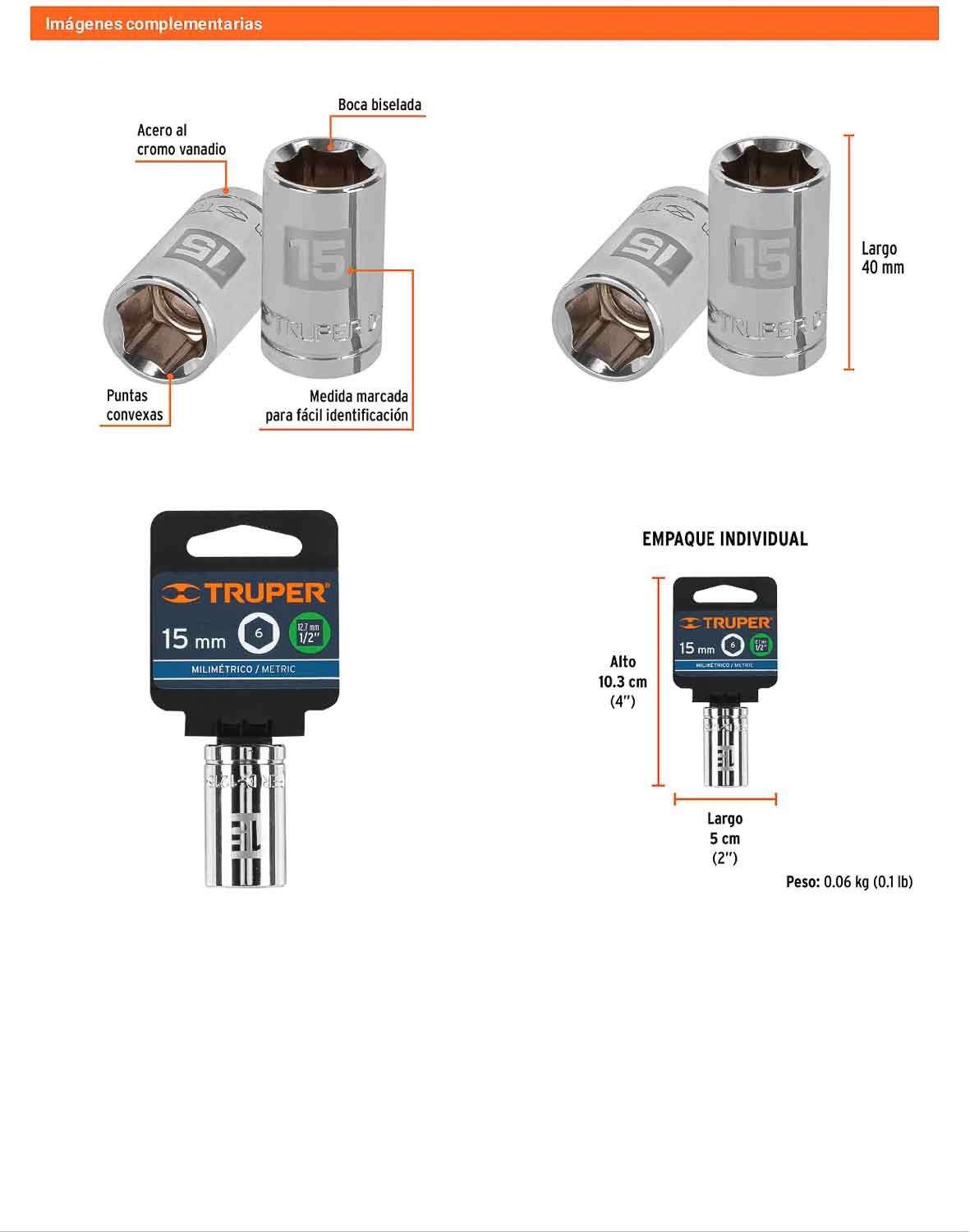 Dado 15 mm 6p cuadro 1/2pulg