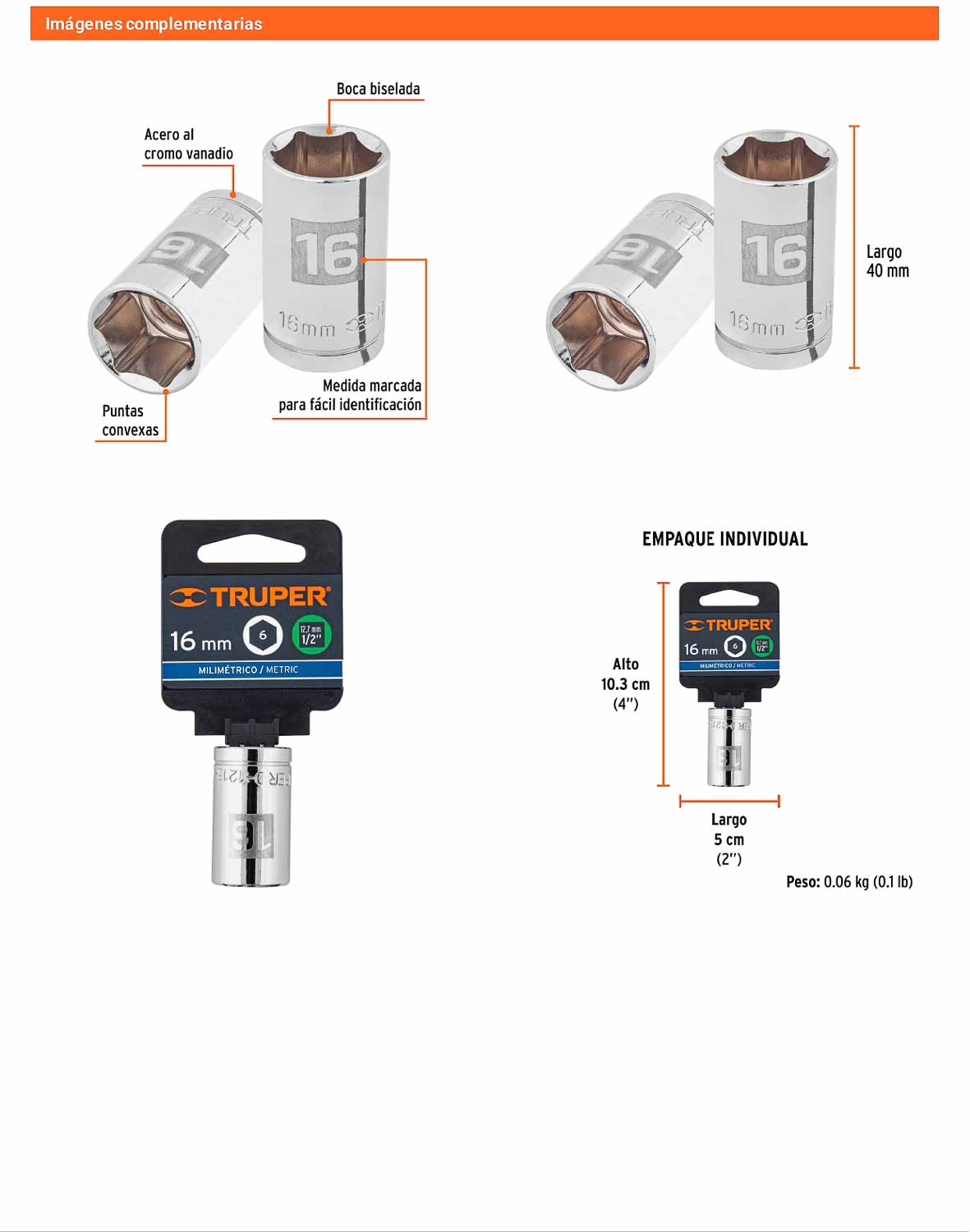 Dado 16 mm 6p cuadro 1/2pulg
