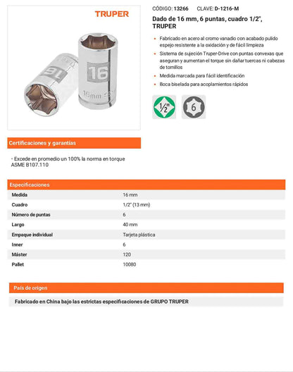 Dado 16 mm 6p cuadro 1/2pulg