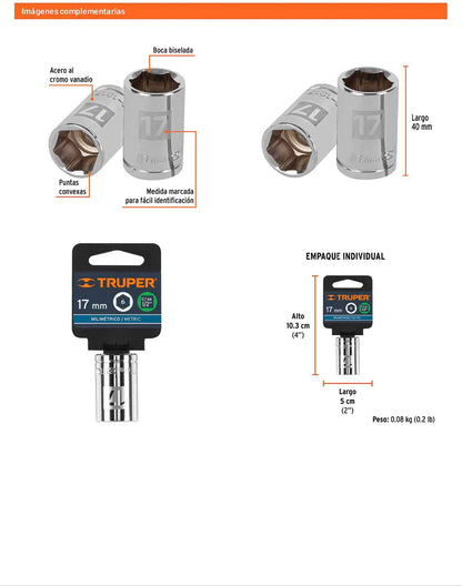 Dado 17 mm 6p cuadro 1/2pulg