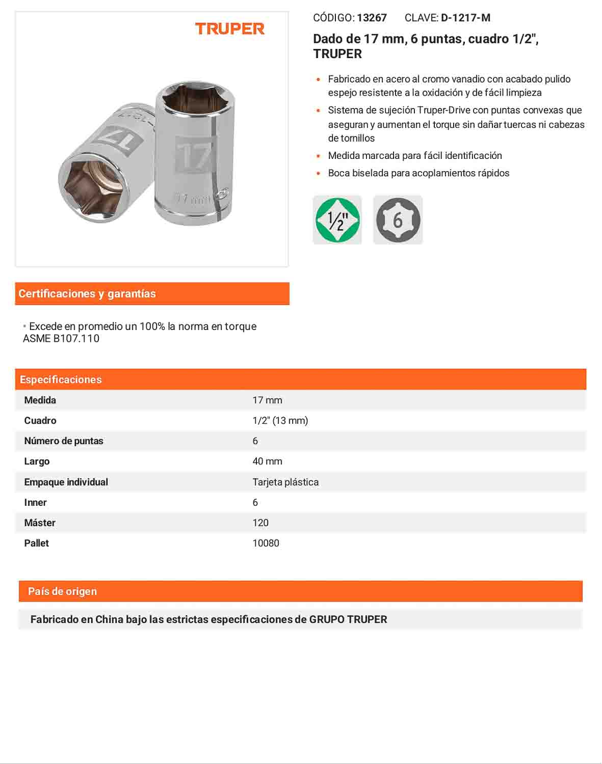 Dado 17 mm 6p cuadro 1/2pulg