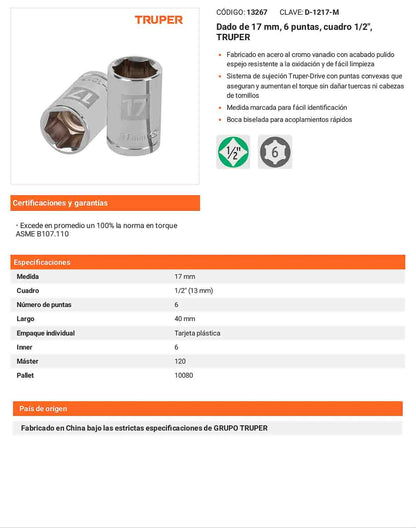 Dado 17 mm 6p cuadro 1/2pulg