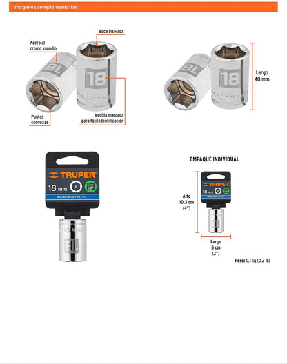 Dado 18 mm 6p cuadro 1/2pulg