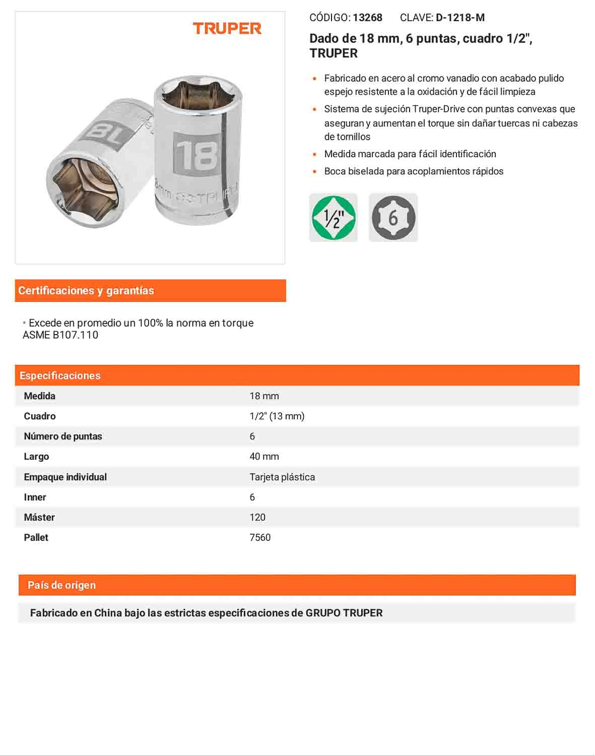 Dado 18 mm 6p cuadro 1/2pulg
