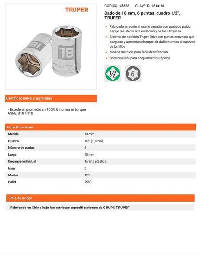 Dado 18 mm 6p cuadro 1/2pulg