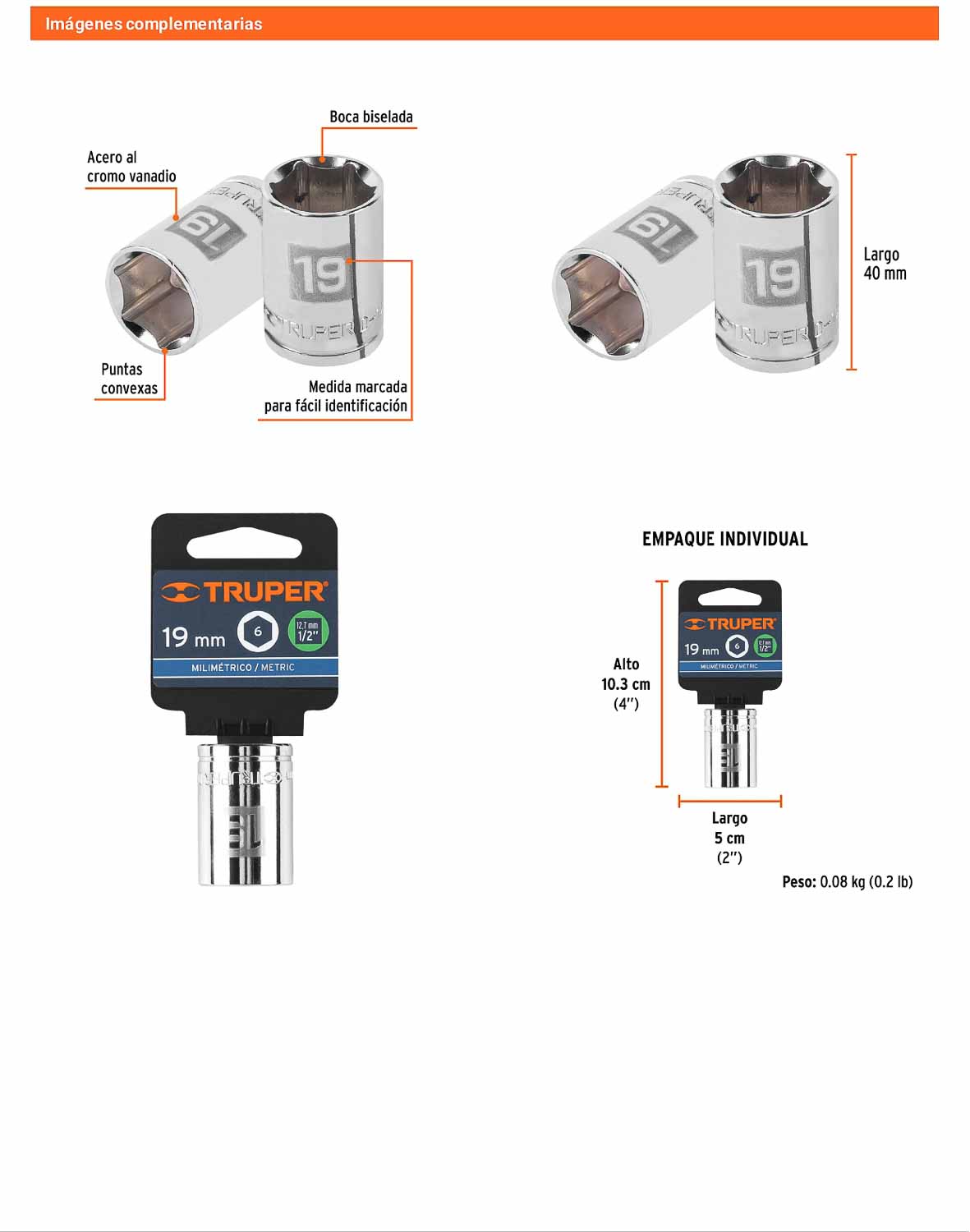 Dado 19 mm 6p cuadro 1/2pulg