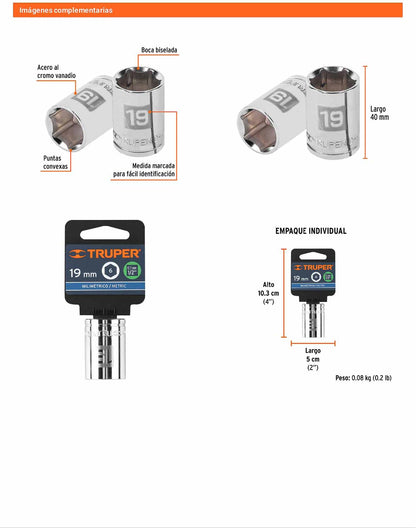 Dado 19 mm 6p cuadro 1/2pulg