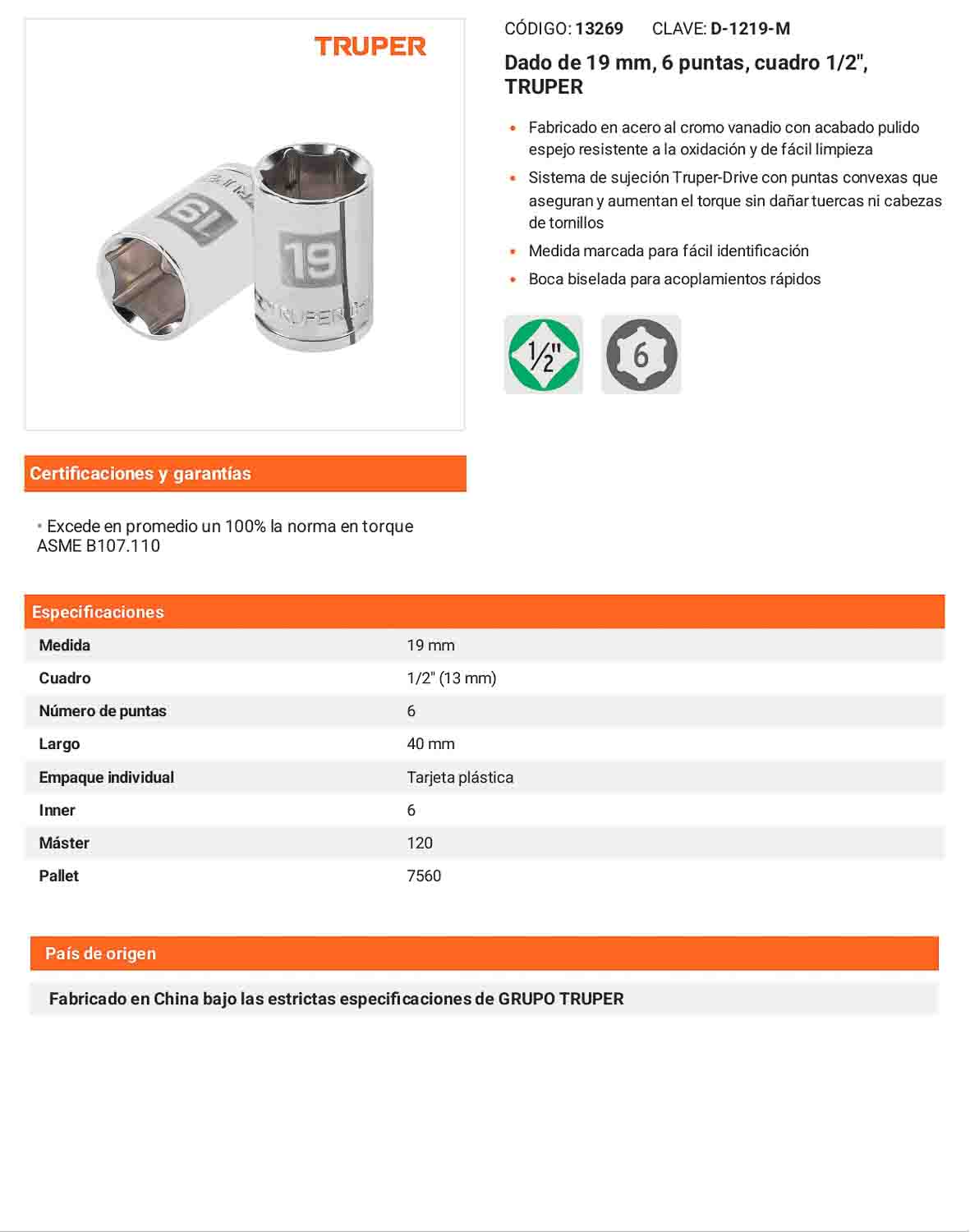 Dado 19 mm 6p cuadro 1/2pulg