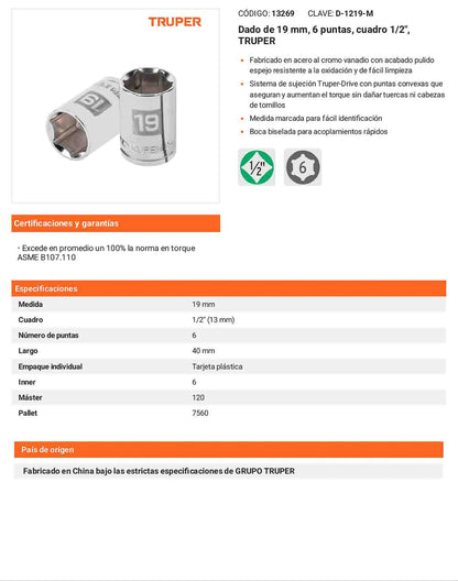 Dado 19 mm 6p cuadro 1/2pulg