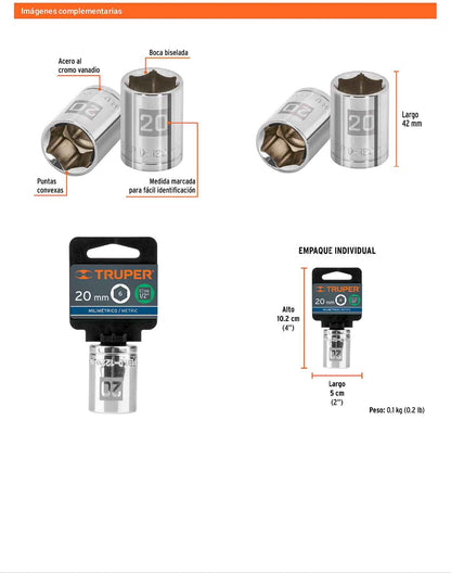 Dado 20 mm 6p cuadro 1/2pulg