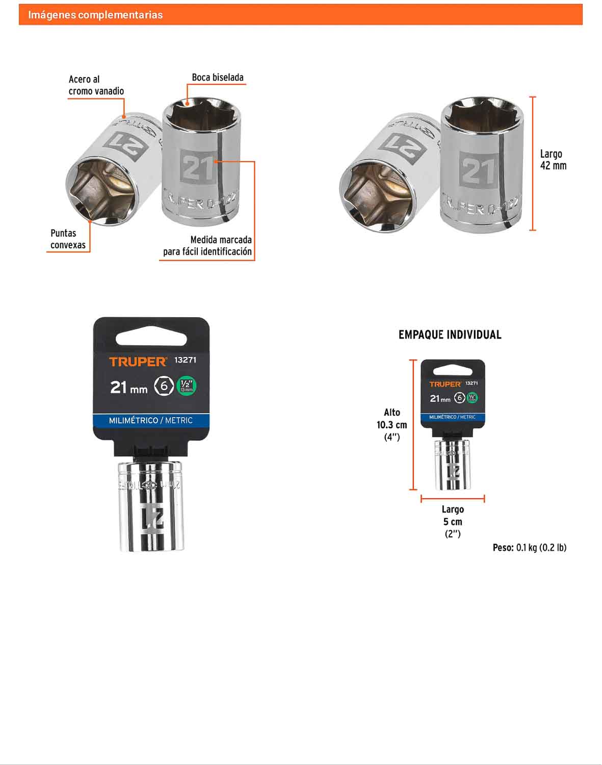 Dado 21 mm 6p cuadro 1/2pulg
