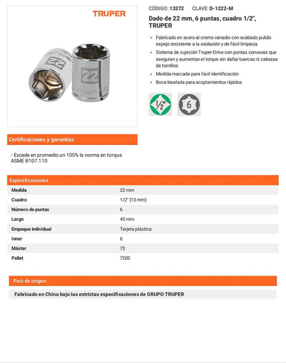 Dado 22 mm 6p cuadro 1/2pulg
