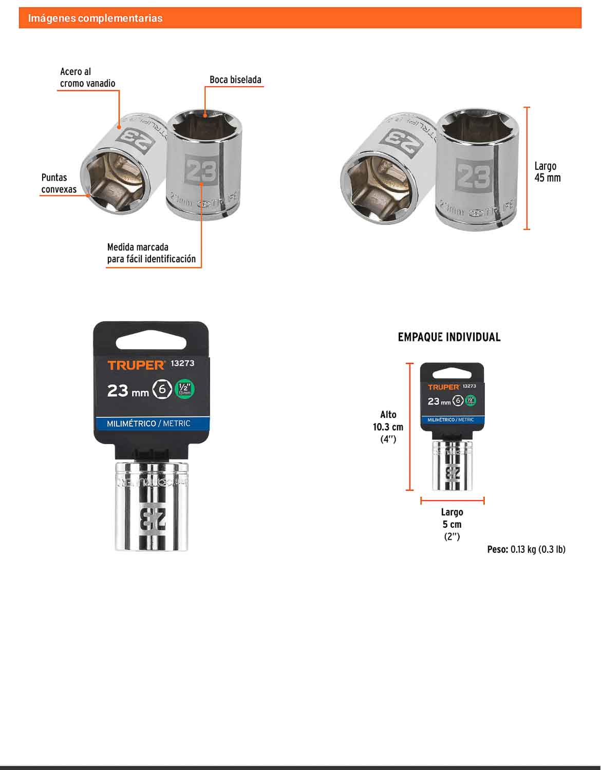 Dado 23 mm 6p cuadro 1/2pulg
