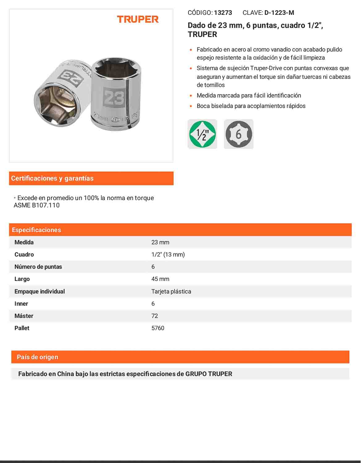 Dado 23 mm 6p cuadro 1/2pulg