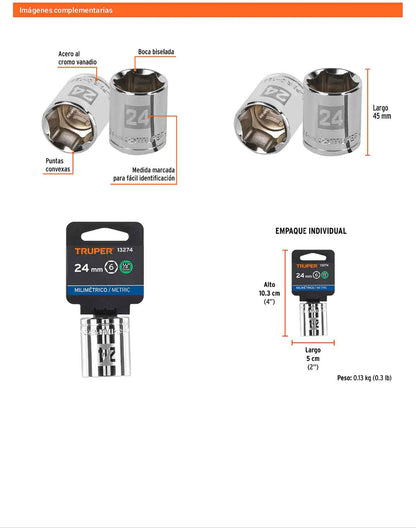 Dado 24 mm 6p cuadro 1/2pulg