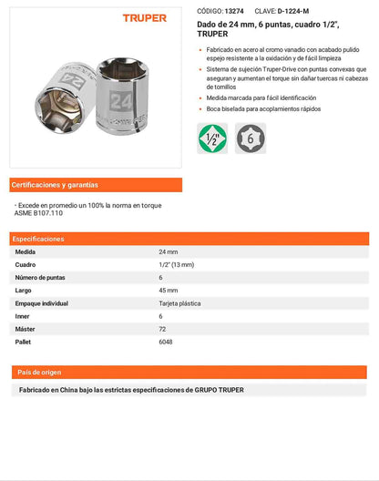 Dado 24 mm 6p cuadro 1/2pulg