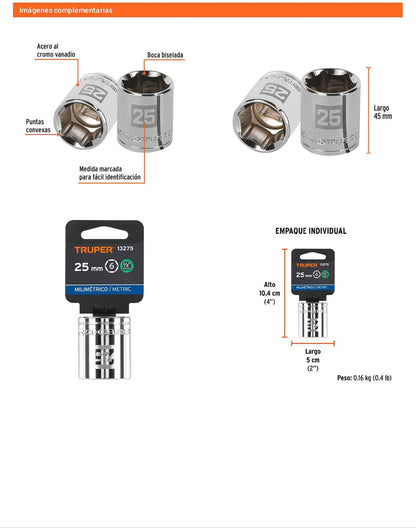 Dado 25 mm 6p cuadro 1/2pulg