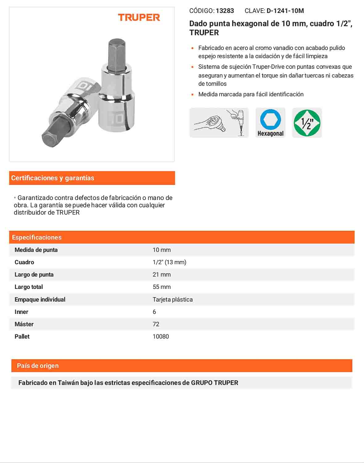 Dado punta hexagonal 10 mm cuadro 1/2pulg