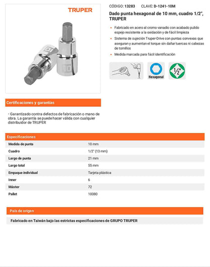 Dado punta hexagonal 10 mm cuadro 1/2pulg