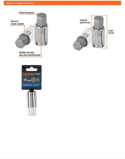 Dado punta hexagonal 17 mm cuadro 1/2pulg