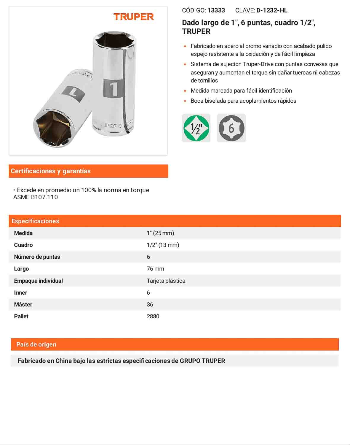 Dado largo 1pulg 6p cuadro 1/2pulg